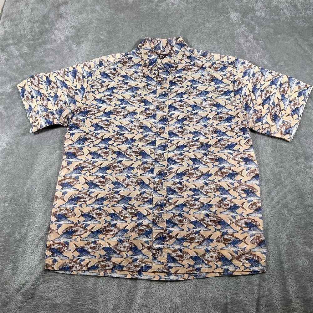 Kahala Hawaii Men's Shirt Large Blue AOP Fish Ulua Sail Short Sleeve Button Up